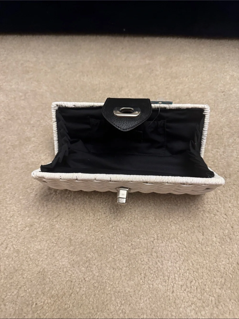 White Woven Cosmetic Case with Black Leather Trim